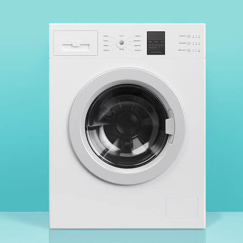 washing-machine 500x500 Front view of a clean white washing machine against a bright turquoise backdrop.