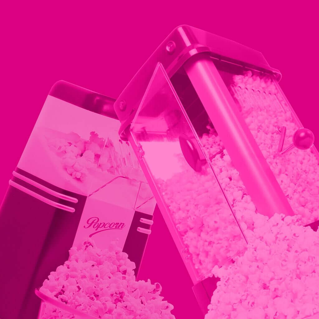 RYE0404_Infographics_Popcorn maker Floating vintage style popcorn makers in a pink haze against a bright pink backdrop